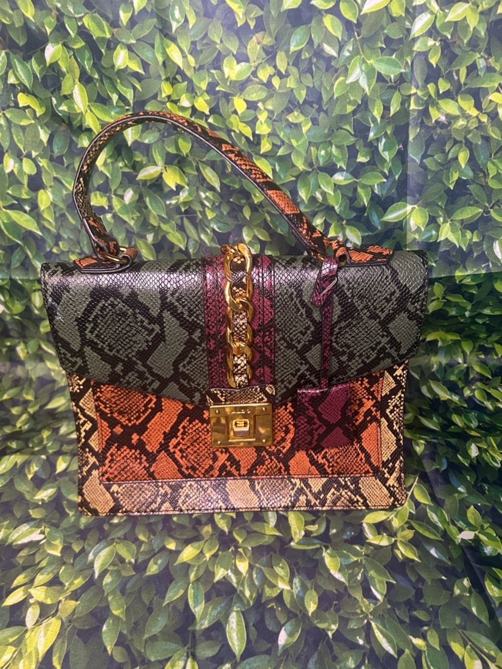 Aldo Multi-Color Snake-Print Top Handle Satchel with Gold Chain